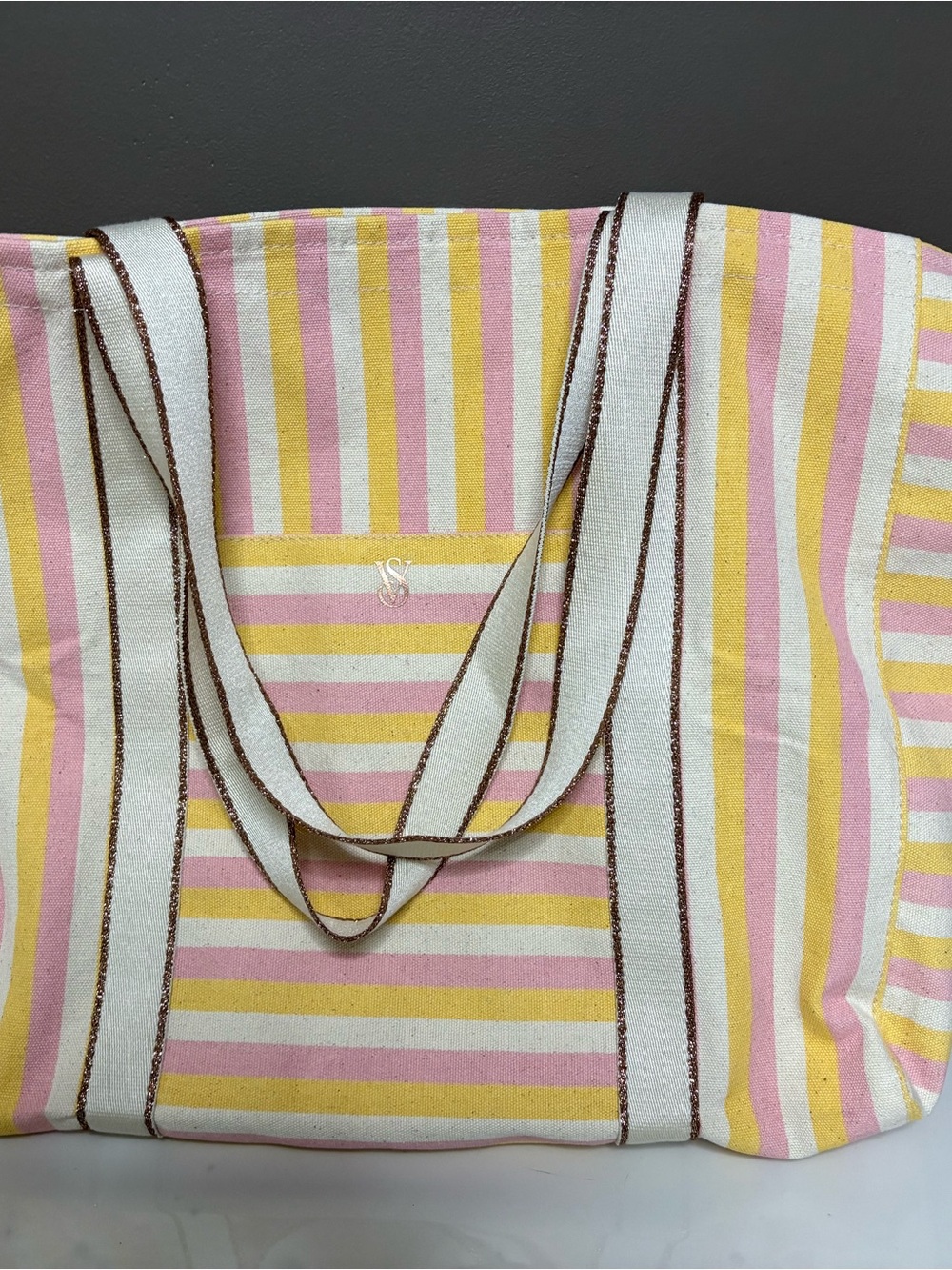 VS Striped Canvas Tote Bag in Pink, Yellow & White